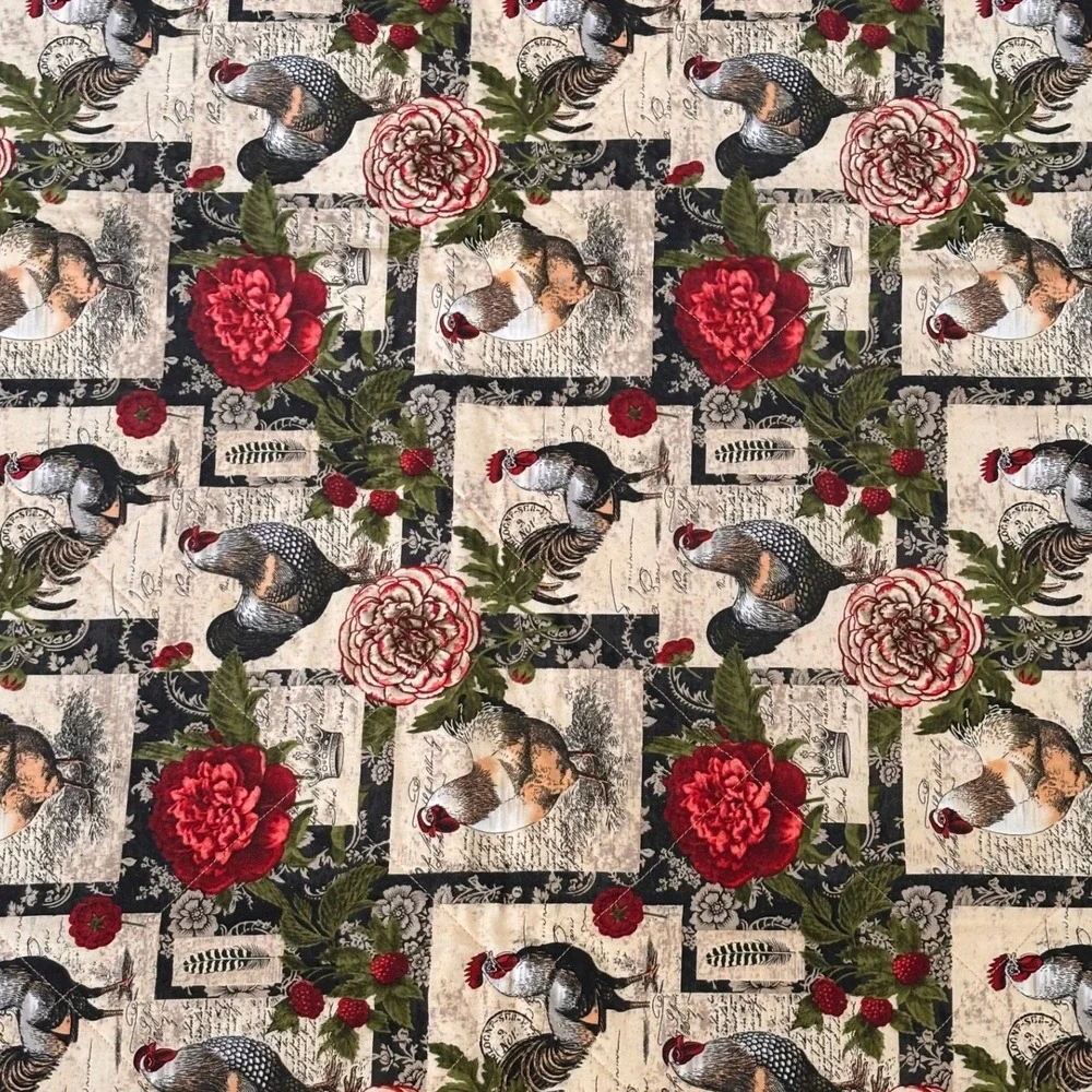 Cottage Core Rooster Peony Quilted Table Runner French Country Red Black 41x26